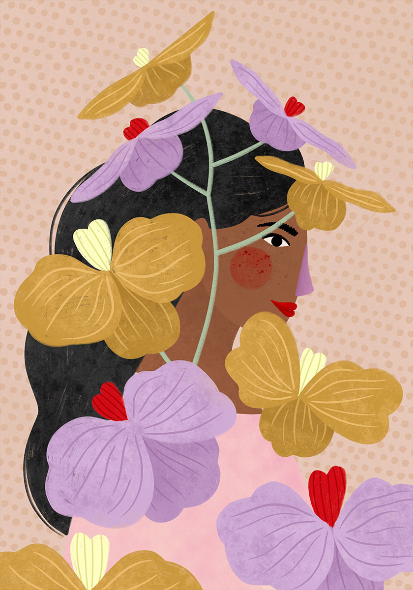 Ukryty za plakatem z żółtymi fioletowymi kwiatami