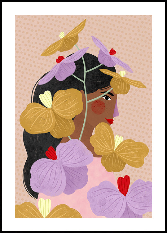 Ukryty za plakatem z żółtymi fioletowymi kwiatami