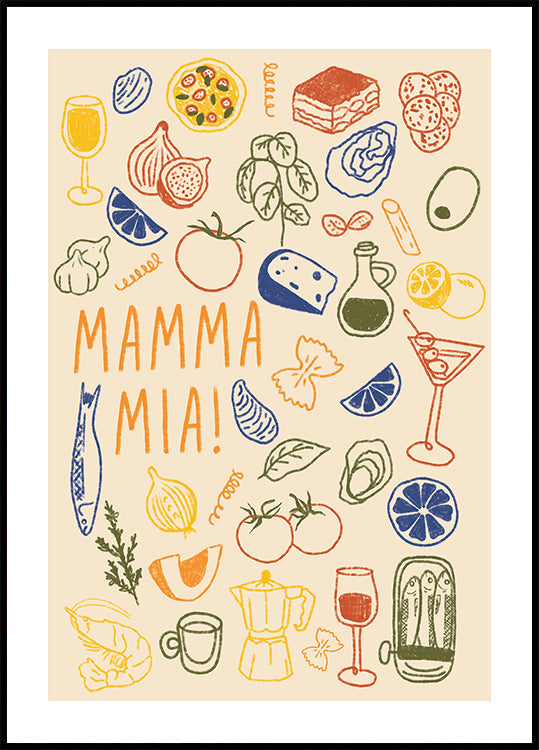 Mamma Mia!, zabawna włoska kuchnia z plakatem z kolorowymi ilustracjami jedzenia