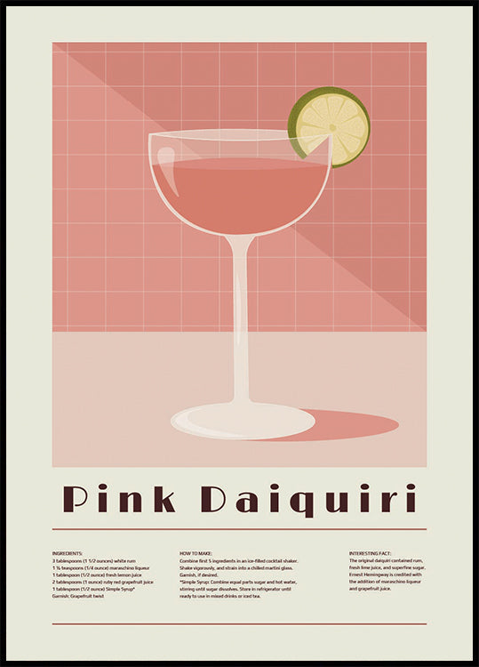 Różowy koktajl Daiquiri, plakat z przepisem retro