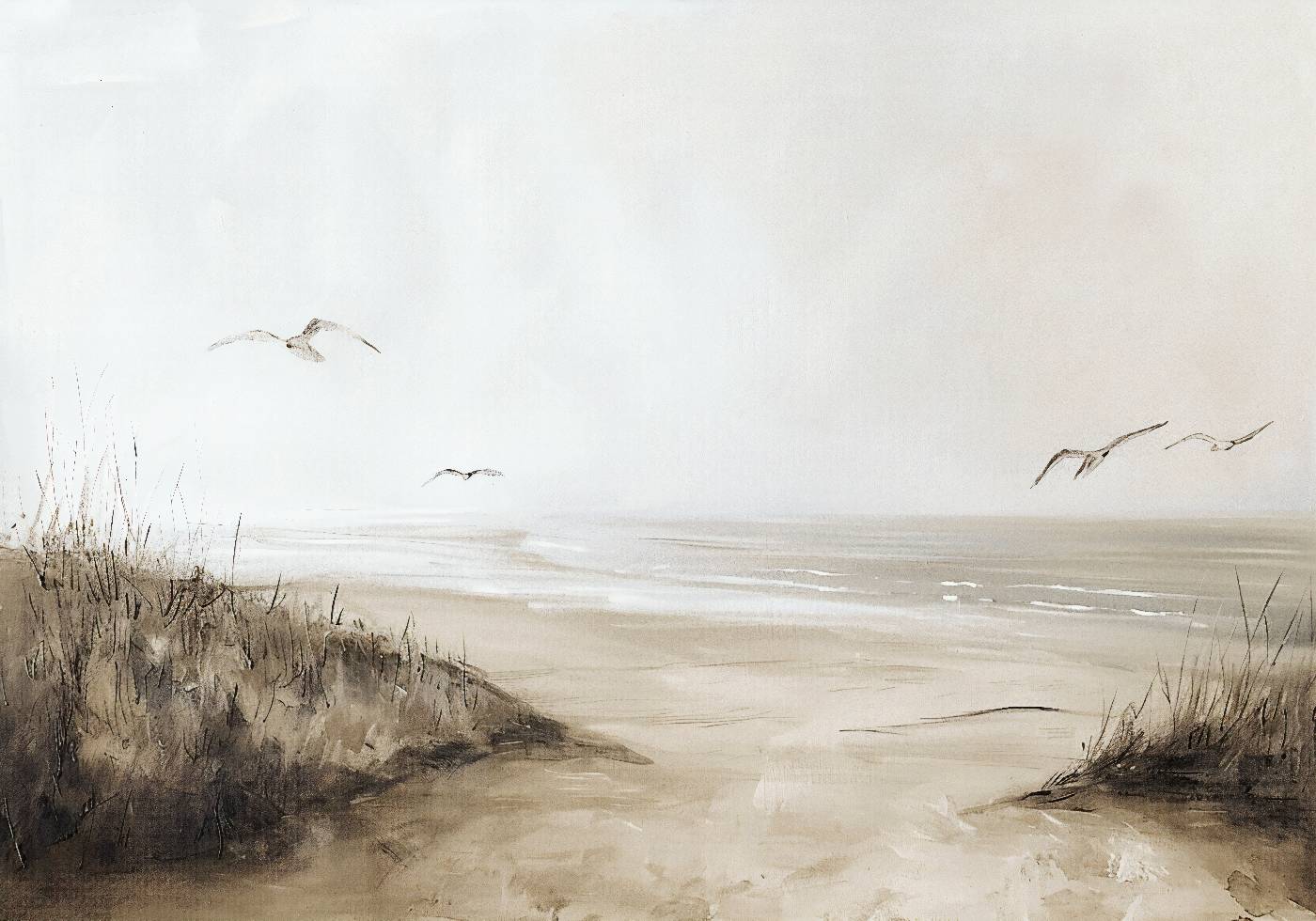 Vintage Neutral Beach Seagulls Painting Plakat - Posterbox.dk