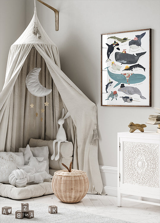 Plakat wieloryby w kapeluszach