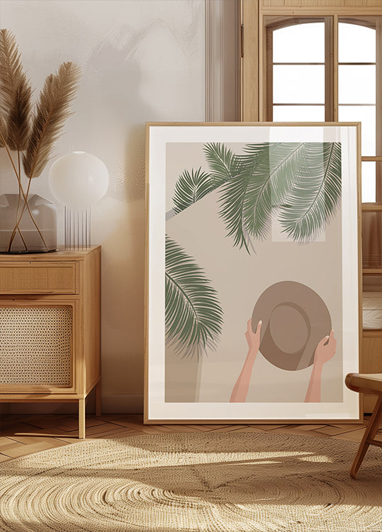 Ciesz się chwilą 1, plakat z tropikalnymi palmami i letnim kapeluszem
