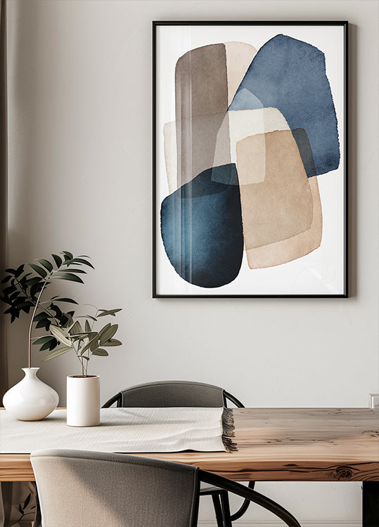 Plakat z niebieskimi brązowymi blokami