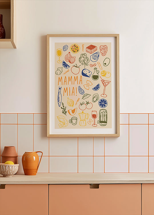 Mamma Mia!, zabawna włoska kuchnia z plakatem z kolorowymi ilustracjami jedzenia