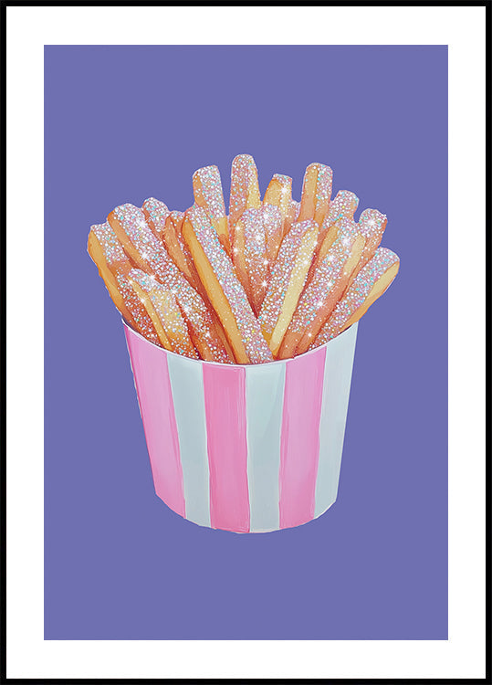 Glitter French Fries in Pink Striped Cup - Unique Food Art Plakat - Posterbox