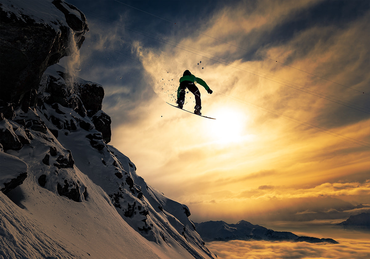 Plakat o zachodzie słońca na snowboardzie