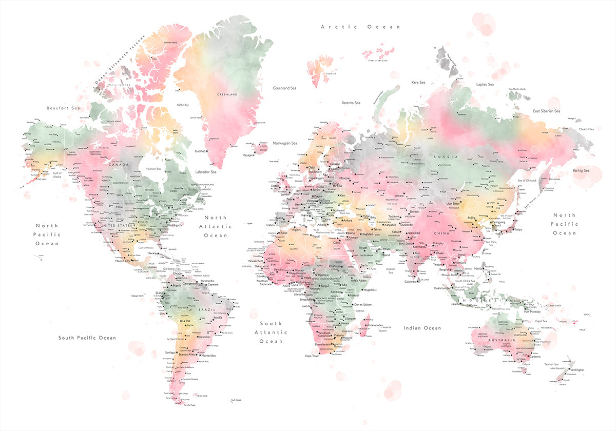 Pastelowa, akwarelowa mapa świata z miastami, Anjah