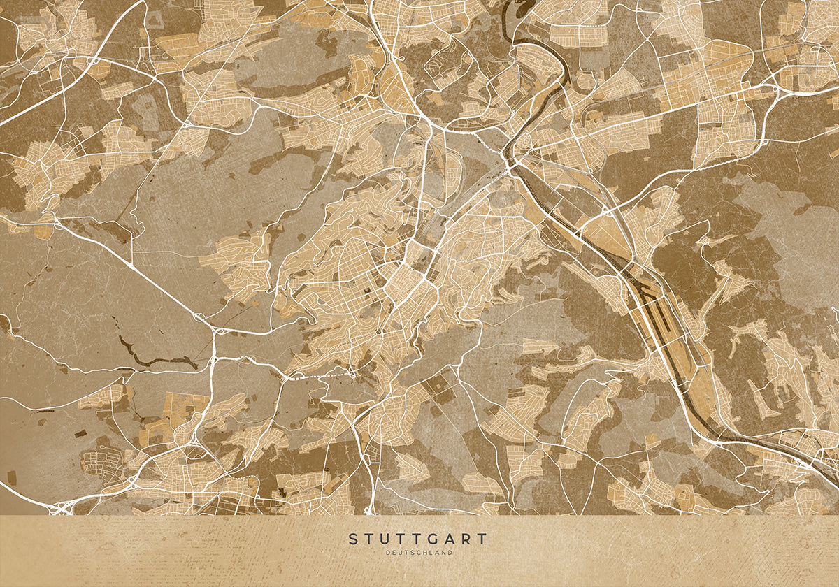 Vintage mapa Stuttgartu w kolorze sepii, w centrum Niemiec (NOWOŚĆ)