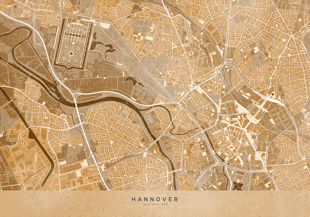 Mapa vintage w kolorze sepii centrum Hanoweru w Niemczech (NOWOŚĆ)