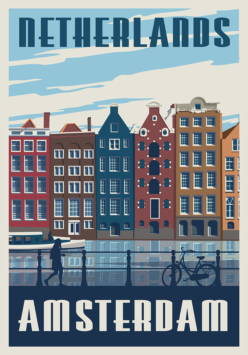 Plakat z nadrukiem podróżniczym po Amsterdamie