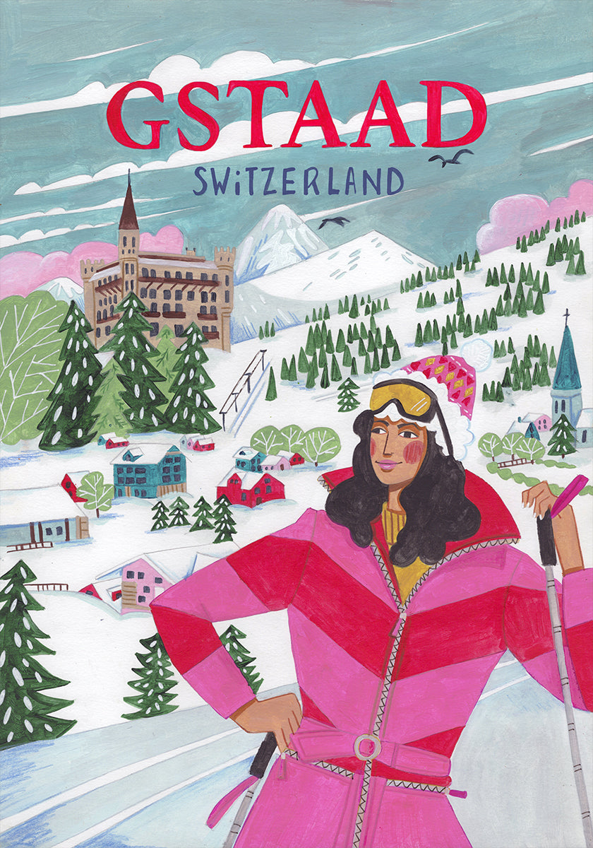 Plakat Kobieta podróżująca w Gstaad w Szwajcarii