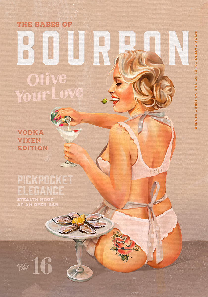 Bourbon Babe tom 16 Vintage wódka Martini plakat Pin Up Girl