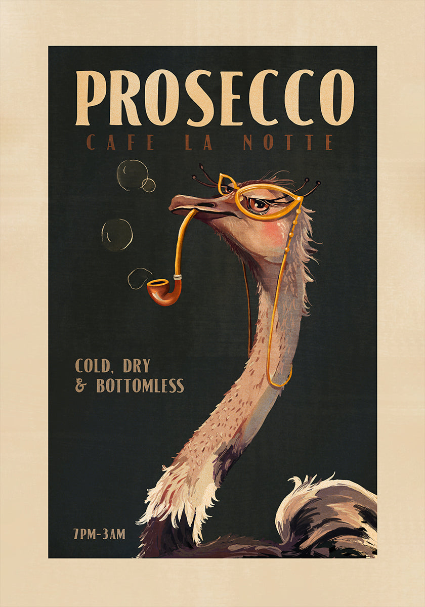 Art Deco Prosecco Sztuka ścienna przedstawiająca plakat strusia