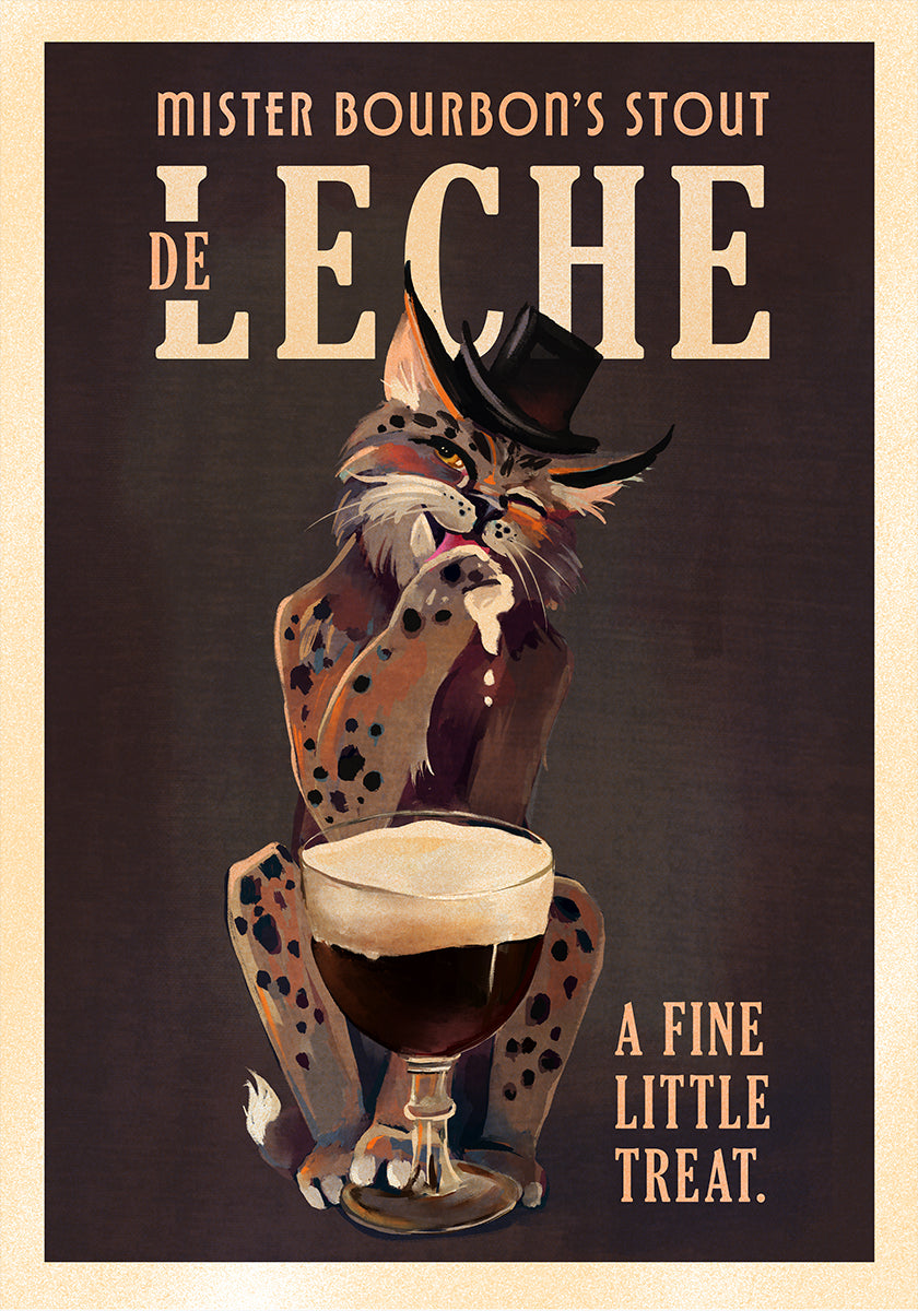 Plakat artystyczny z kotem w stylu Bourbon De Leche Guinness