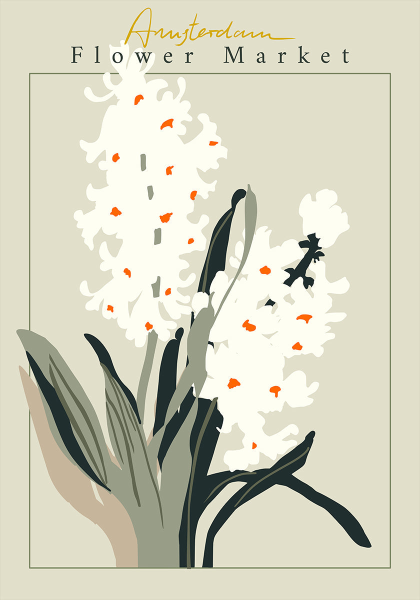 Plakat z hiacyntem na targu kwiatowym w Amsterdamie