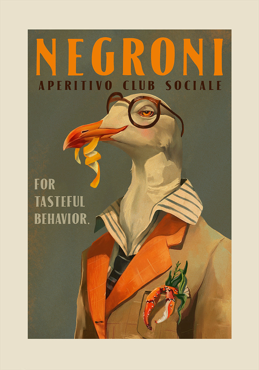 Vintage Art Deco Negroni z fantazyjnym plakatem z mewą