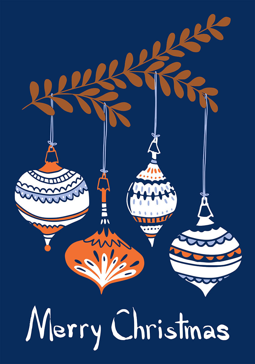 Wesoły niebieski plakat z bombkami świątecznymi