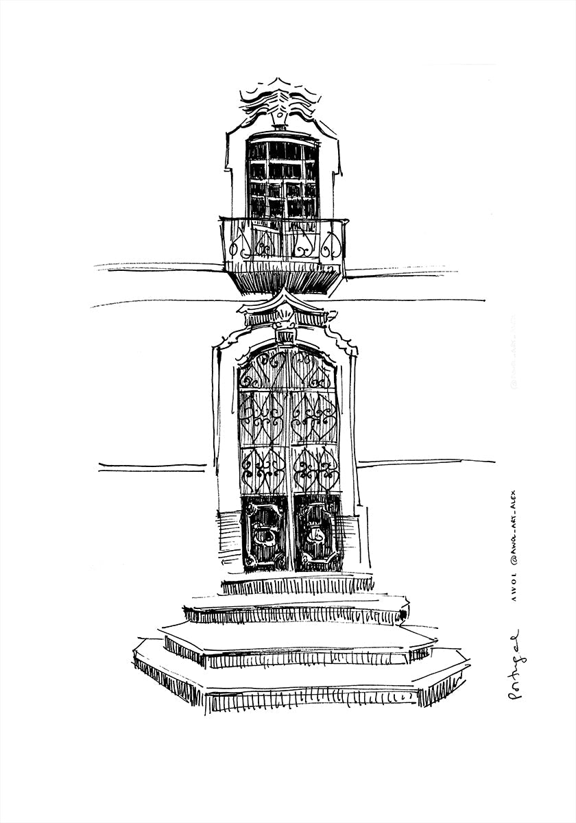 Plakat z rysunkiem miasta w portalach Portugalii