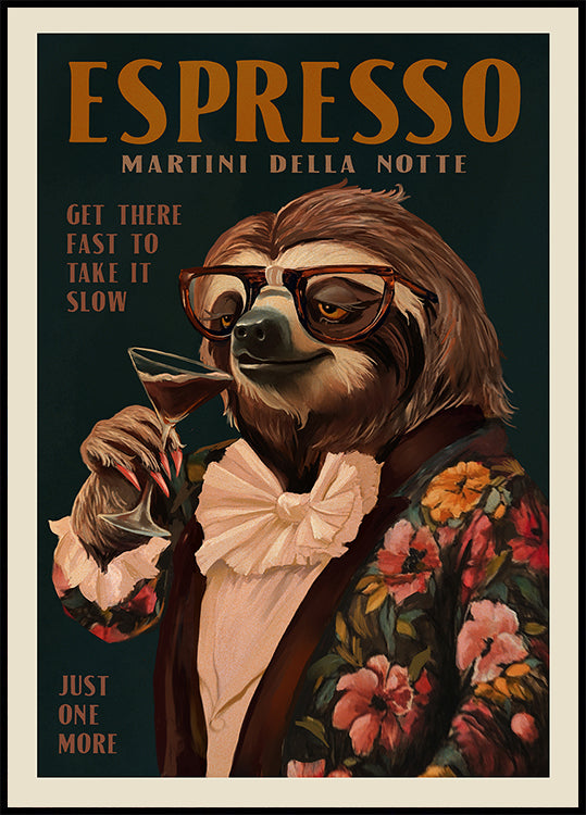 Art Deco Espresso Martini Drinking Sloth (NEW) - Posterbox