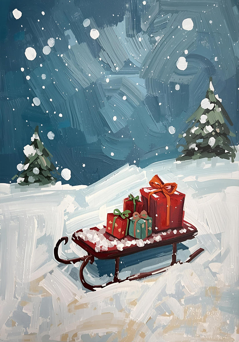 Schlitten mit Geschenken plakat