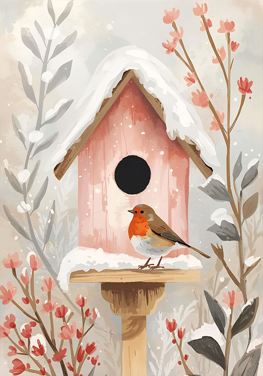 Plakat Vogelhaus z Rotkehlchen i Pflanzen