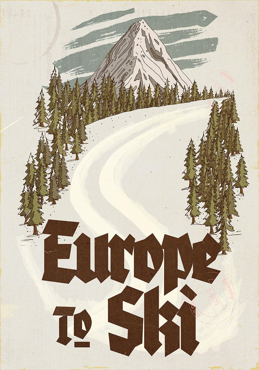 Europa na narty Vintage pocztówka podróżnicza plakat