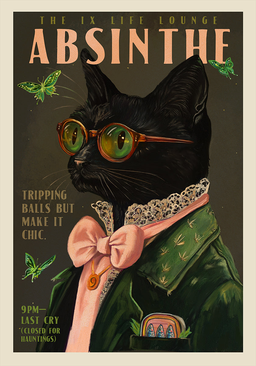 Chic Absinthe Cat Alcohol &amp; Cocktail Bar Art Plakat - Posterbox