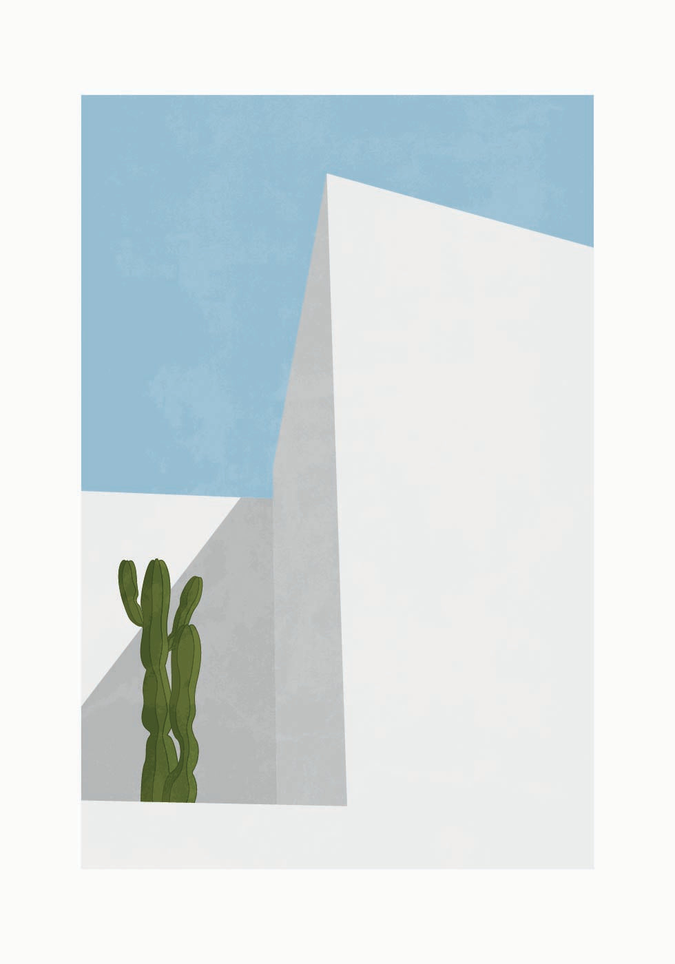 Minimalistyczny plakat z widokiem na pustynię, kaktusem i geometrią