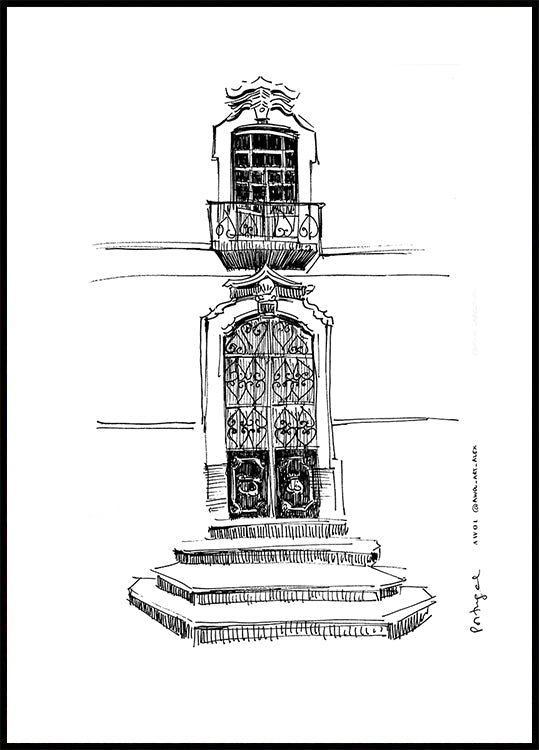 Plakat z rysunkiem miasta w portalach Portugalii