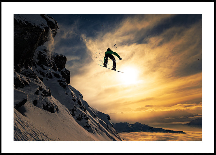 Plakat o zachodzie słońca na snowboardzie