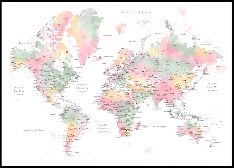 Pastelowa, akwarelowa mapa świata z miastami, Anjah