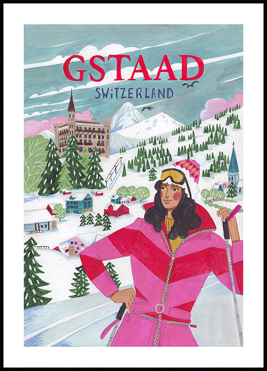 Plakat Kobieta podróżująca w Gstaad w Szwajcarii