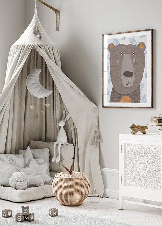 Cute Brown Bear with Grey Leaf Pattern by Artist Carla Plakat - Posterbox