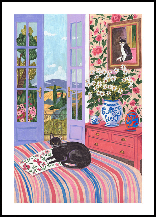 Black Cat on Bed French Doors Garden View (NEW) - Posterbox
