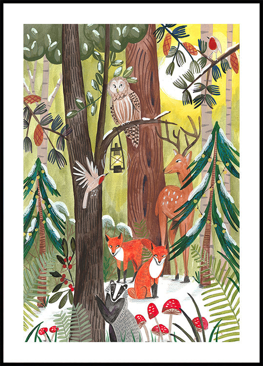 Green Christmas forest with animals Plakat - Posterbox