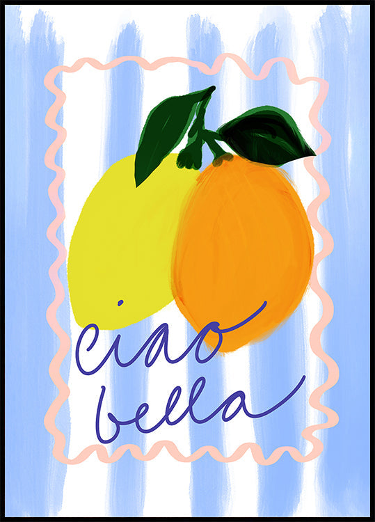żywa ilustracja przedstawiająca dwie cytryny i pomarańczę, a pod nimi kursywą jest napisane „ciao bella”.