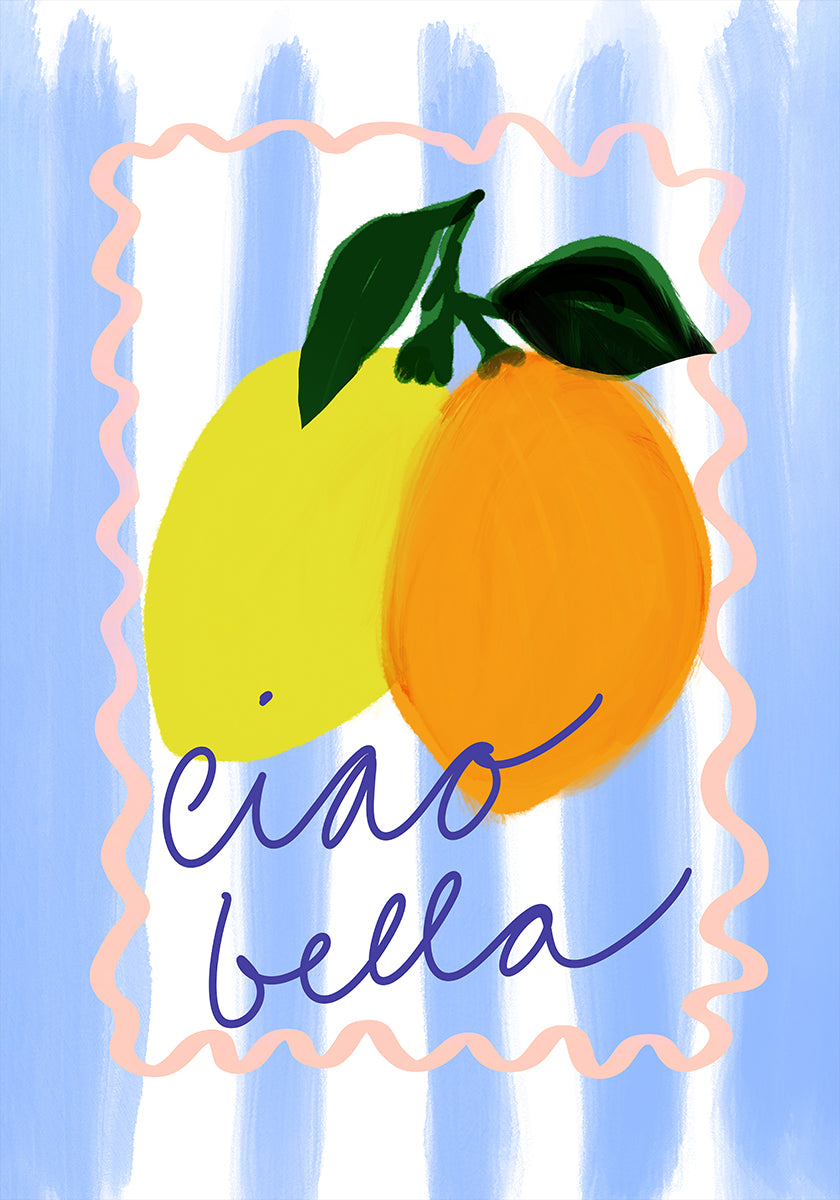żywa ilustracja przedstawiająca dwie cytryny i pomarańczę, a pod nimi kursywą jest napisane „ciao bella”.