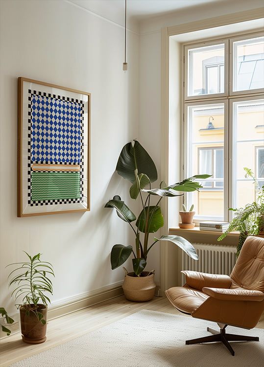 Wzór geometryczny z plakatem w niebieskie i białe diamenty