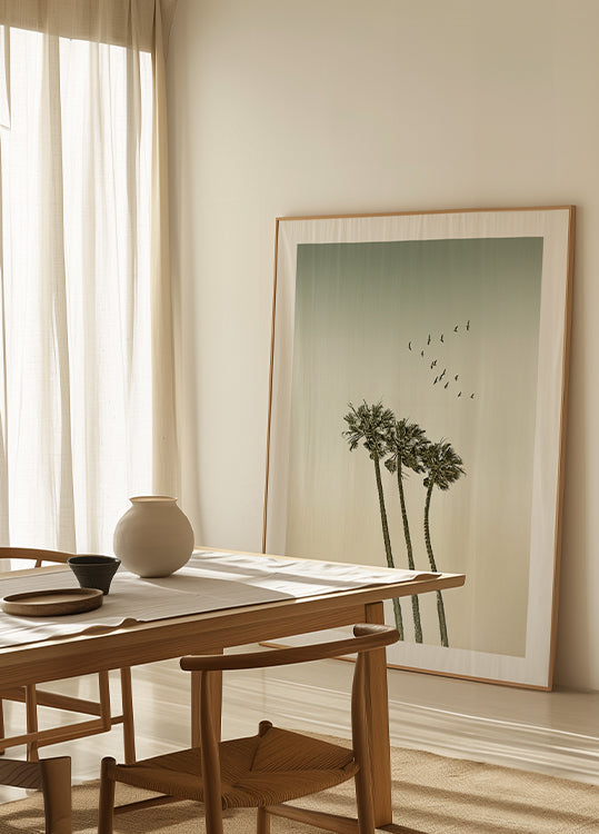 Vintage minimalistyczny plakat z palmami i zachodem słońca