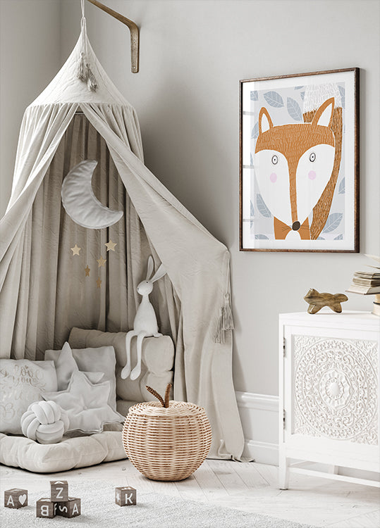 Uroczy czerwony lis z wzorem szarych liści autorstwa artystki Carla Daly Plakat