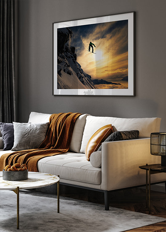 Plakat o zachodzie słońca na snowboardzie