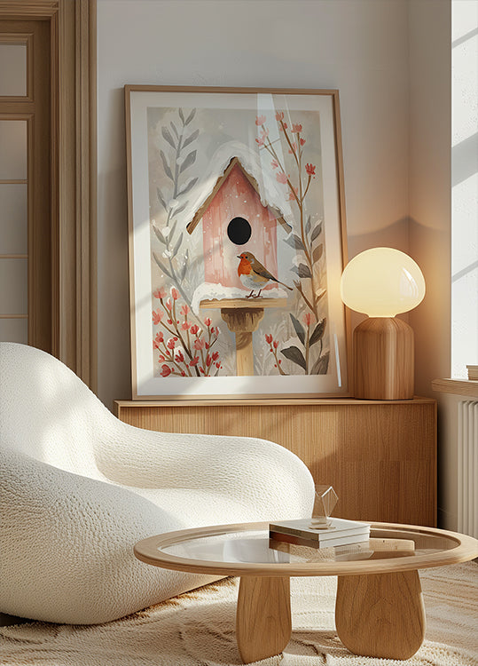 Plakat Vogelhaus z Rotkehlchen i Pflanzen