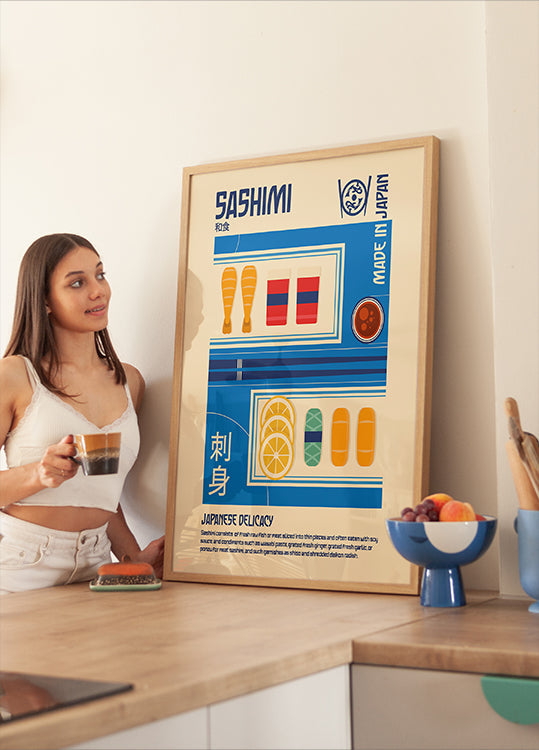 Plakat z nadrukiem japońskiego jedzenia Sashimi