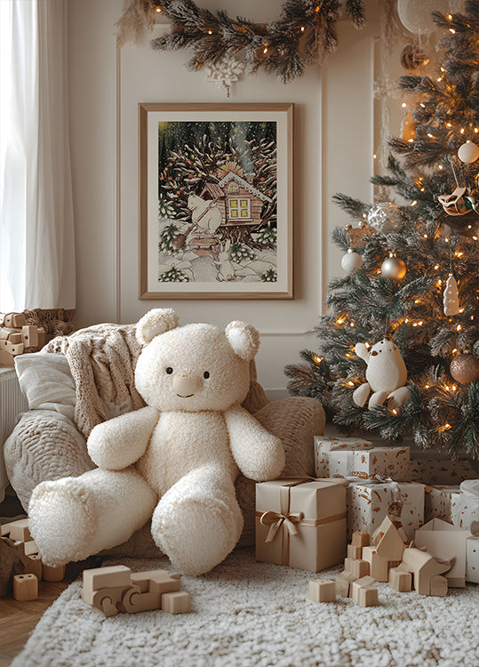 Plakat świątecznego domku na drzewie