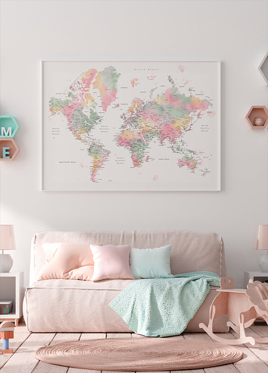 Pastelowa, akwarelowa mapa świata z miastami, Anjah