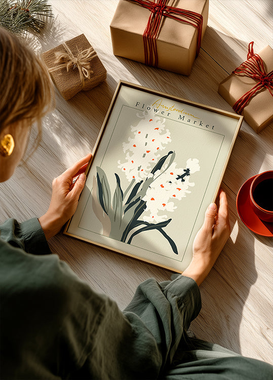 Plakat z hiacyntem na targu kwiatowym w Amsterdamie