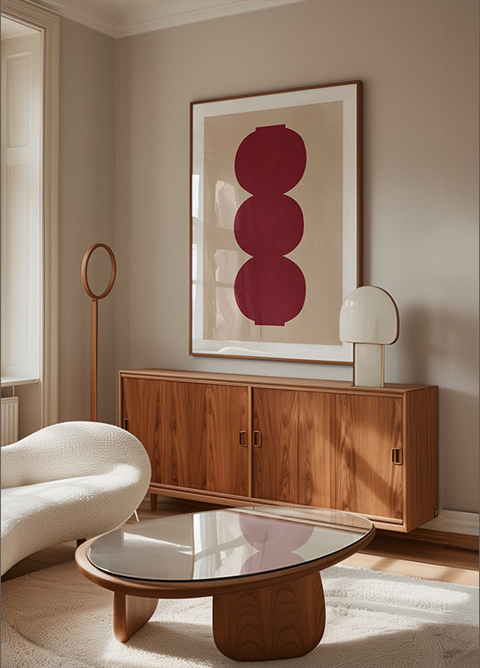 Plakat w kolorze karmazynowym z symetrycznymi kształtami