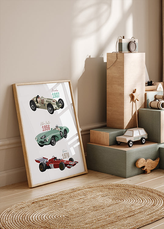 Plakat w stylu vintage samochodów wyścigowych