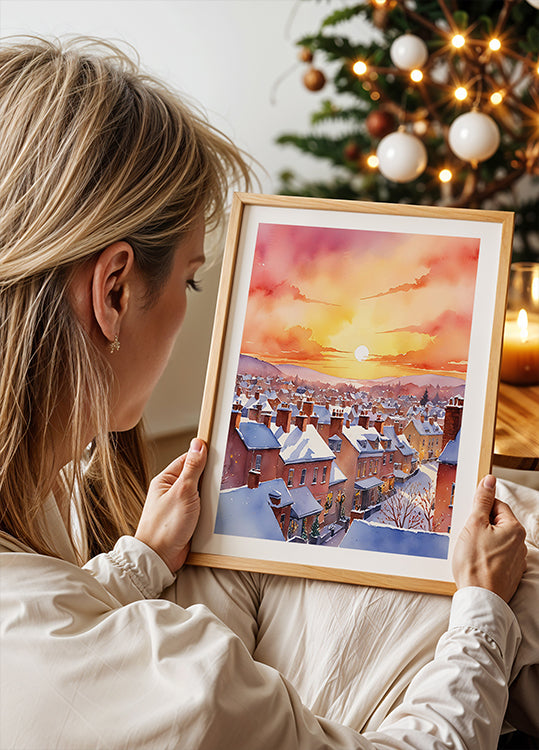 Plakat o śnieżnym bożonarodzeniowym wschodzie słońca